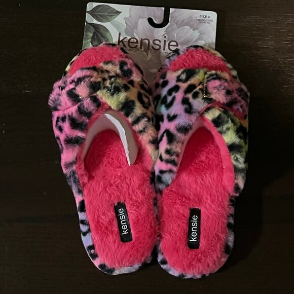Kensie Animal Print Memory Foam Slippers Pink Rainbow Women's size 9 - Picture 7 of 7
